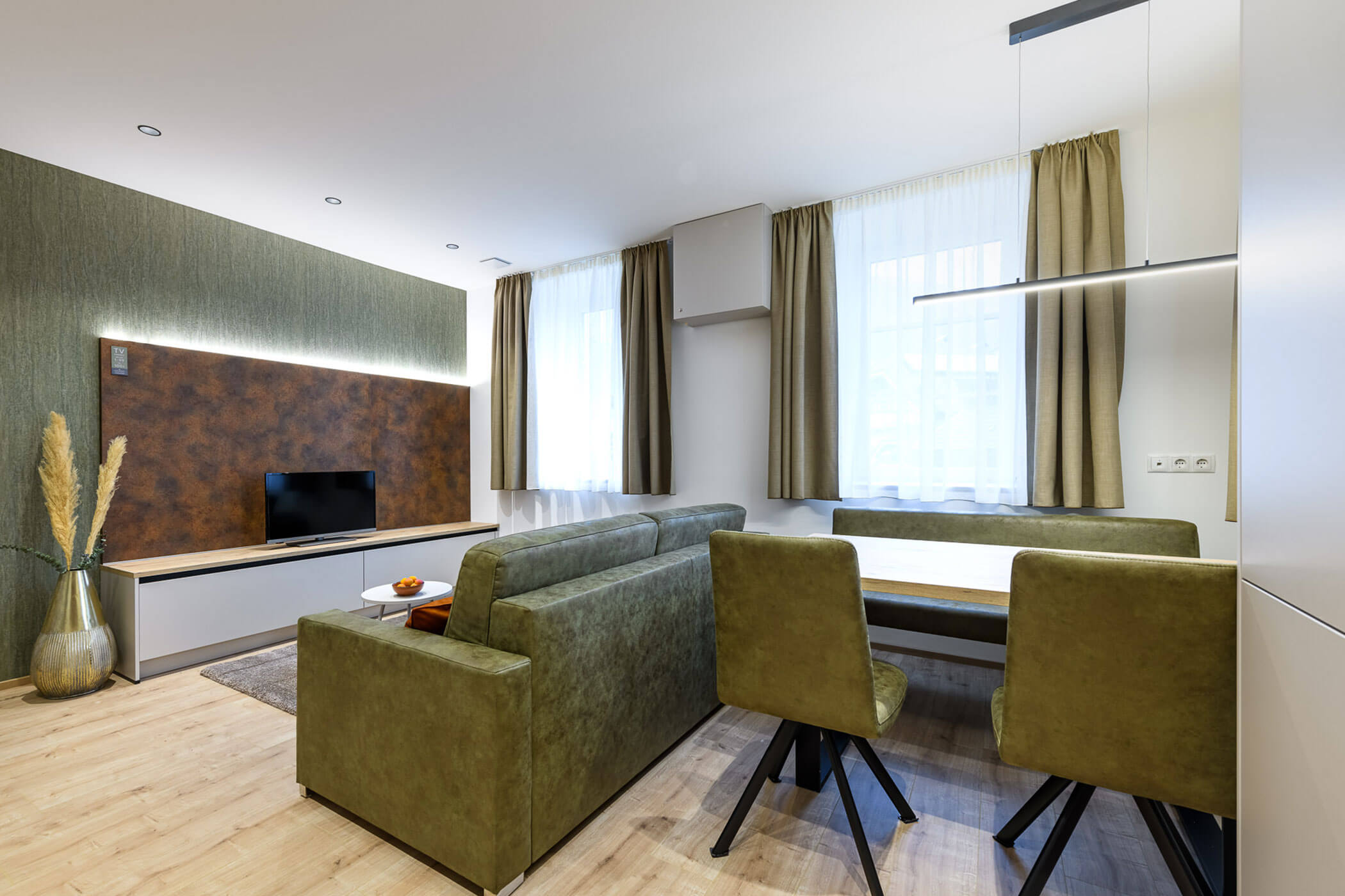 Zona giorno nell'appartamento Linda di Villa Fauster